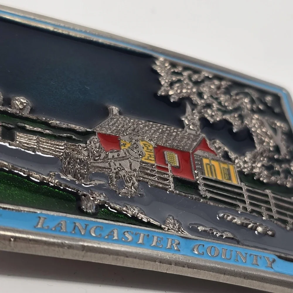 Lancaster County Belt Buckle Mens Silver Enamel Amish Buggy Souvenir Made in USA